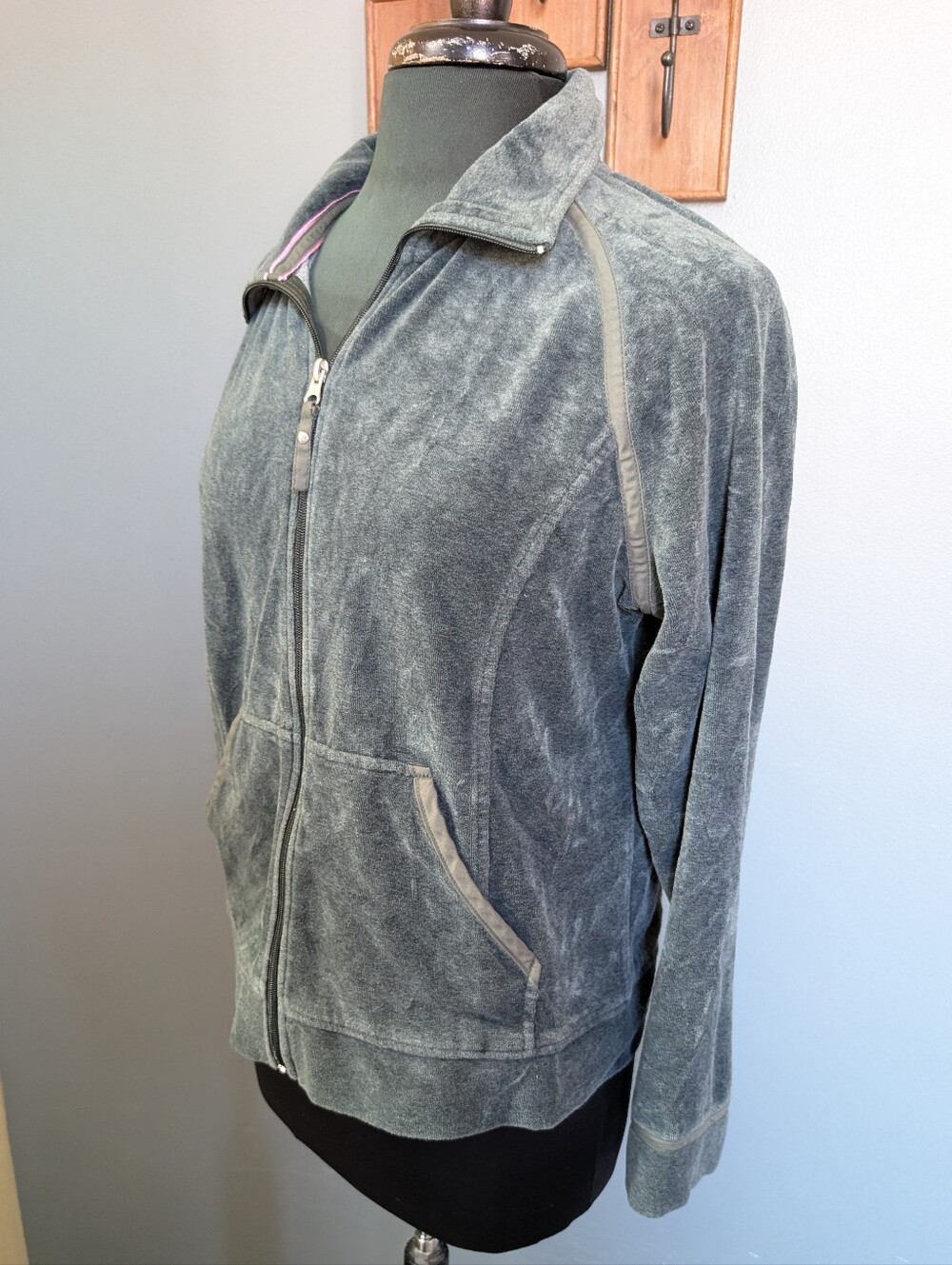 Sage Green Velour Jacket, Full Zip Vintage Sweatshirt